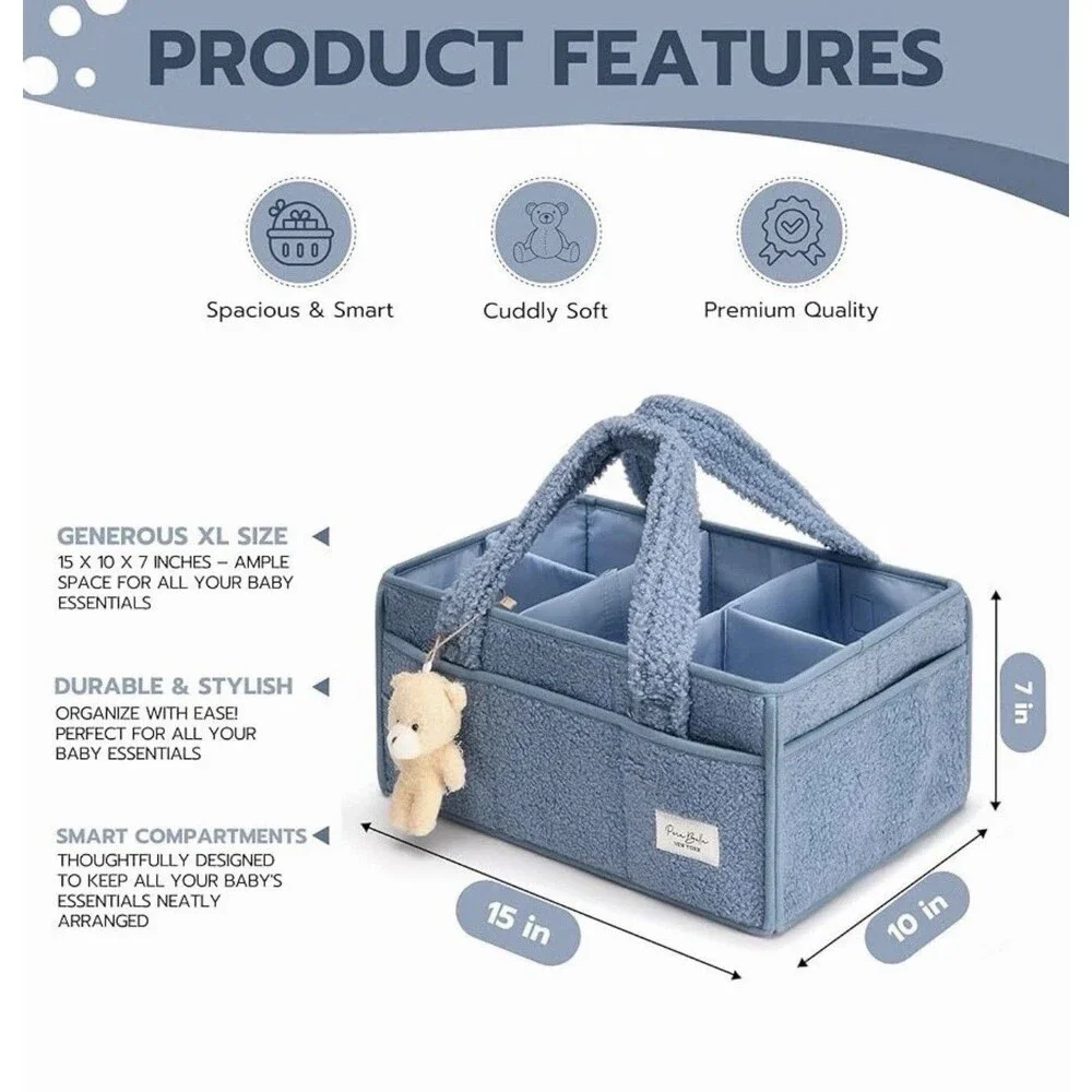 PeraBella Diaper Caddy Organizer Basket with Handle Blue Baby Nursery